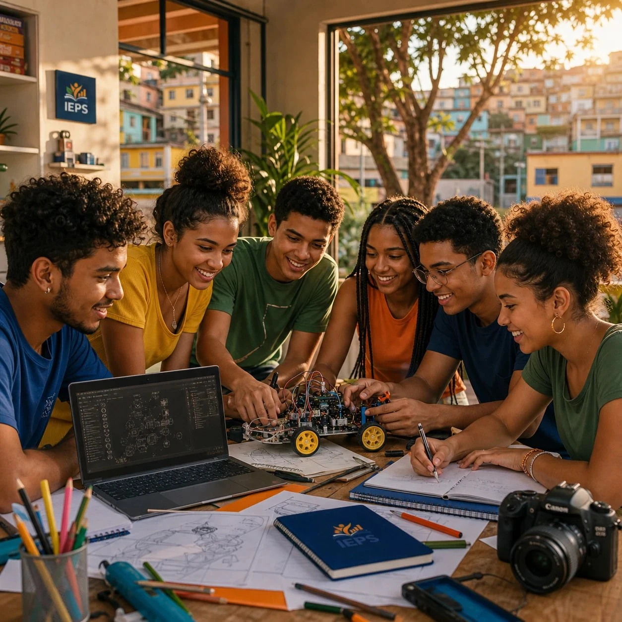 Jovens participantes do Talentos do Futuro trabalhando juntos em um projeto